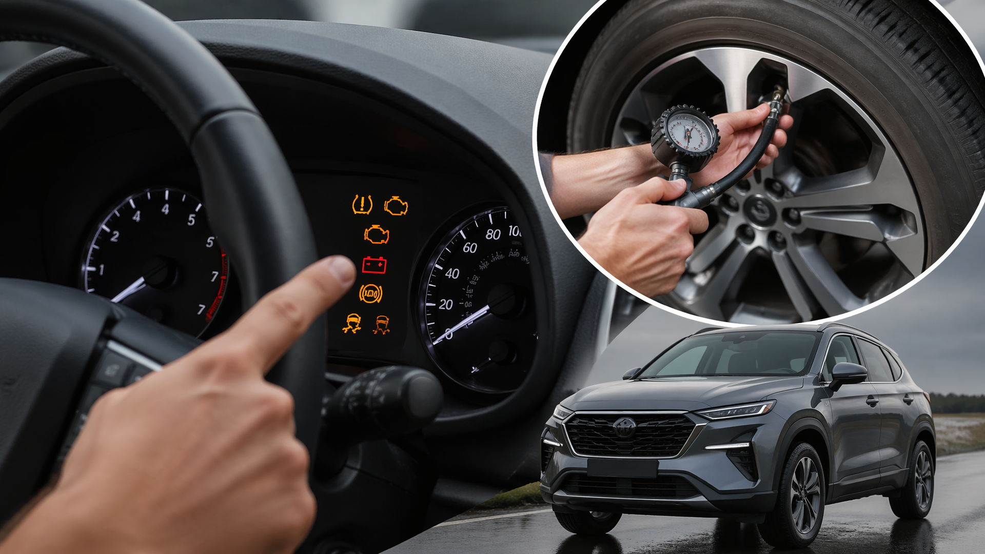 Hyundai dashboard close-up showing illuminated warning icons including TPMS and check engine lights