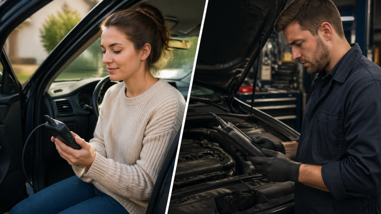 Hand holding an OBD2 scanner device plugged into a car diagnostic port with dashboard in background