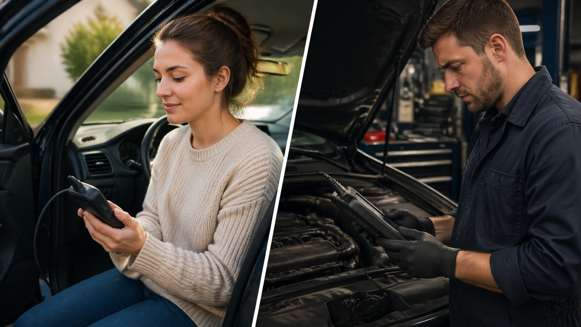 Hand holding an OBD2 scanner device plugged into a car diagnostic port with dashboard in background