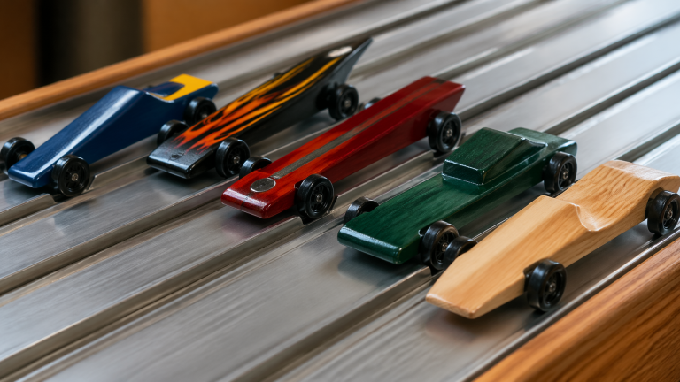 Three long, narrow Pinewood Derby cars on a wooden track showing aerodynamic profiles