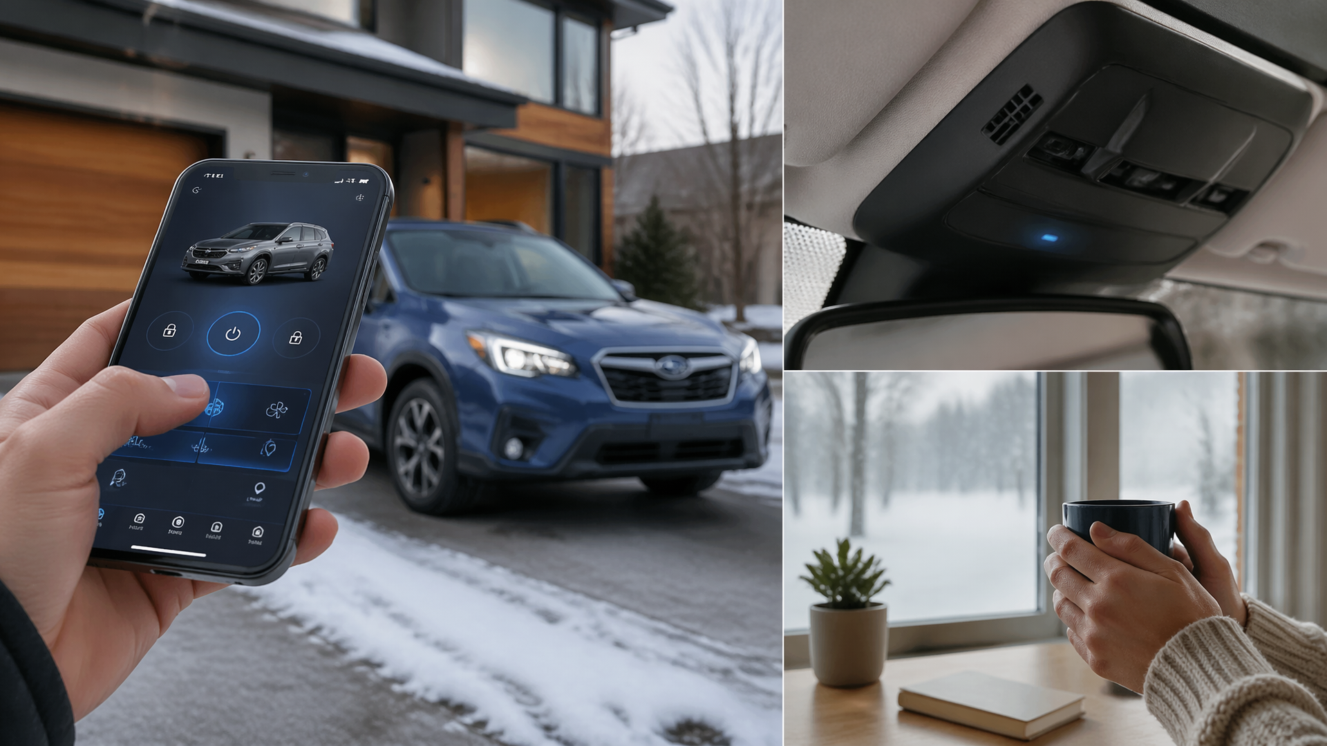 Smartphone displaying the MySubaru app with a car remote start screen and a Subaru parked in driveway
