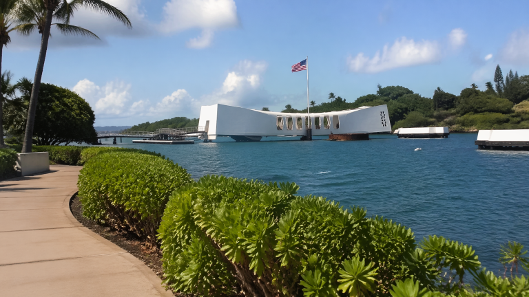 Gated roadway and security checkpoint leading to Ford Island with parked military vehicles in background