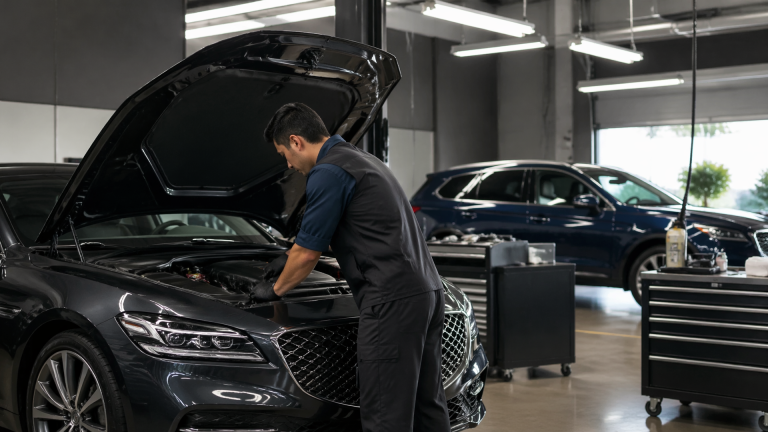 Genesis sedan parked at a Hyundai dealership service bay with a technician nearby