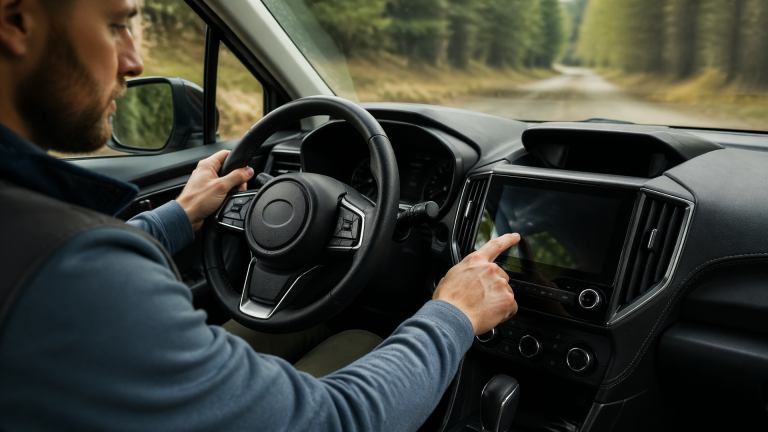 Car dashboard showing Subaru Forester multi-function display and tire pressure unit setting