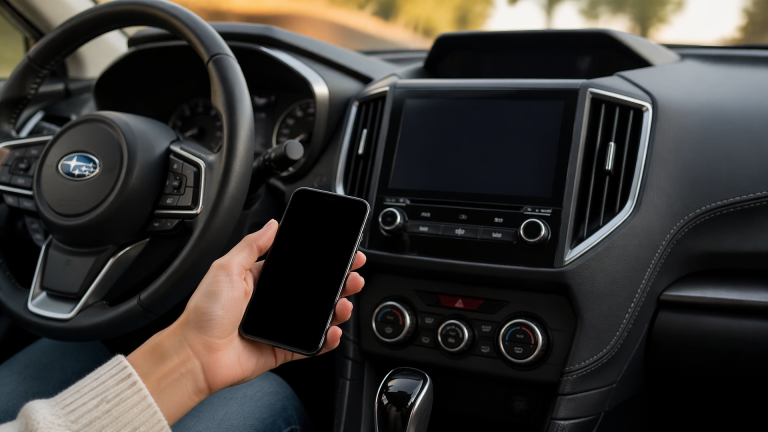 iPhone displaying Bluetooth settings next to a Subaru dashboard with infotainment screen showing paired devices