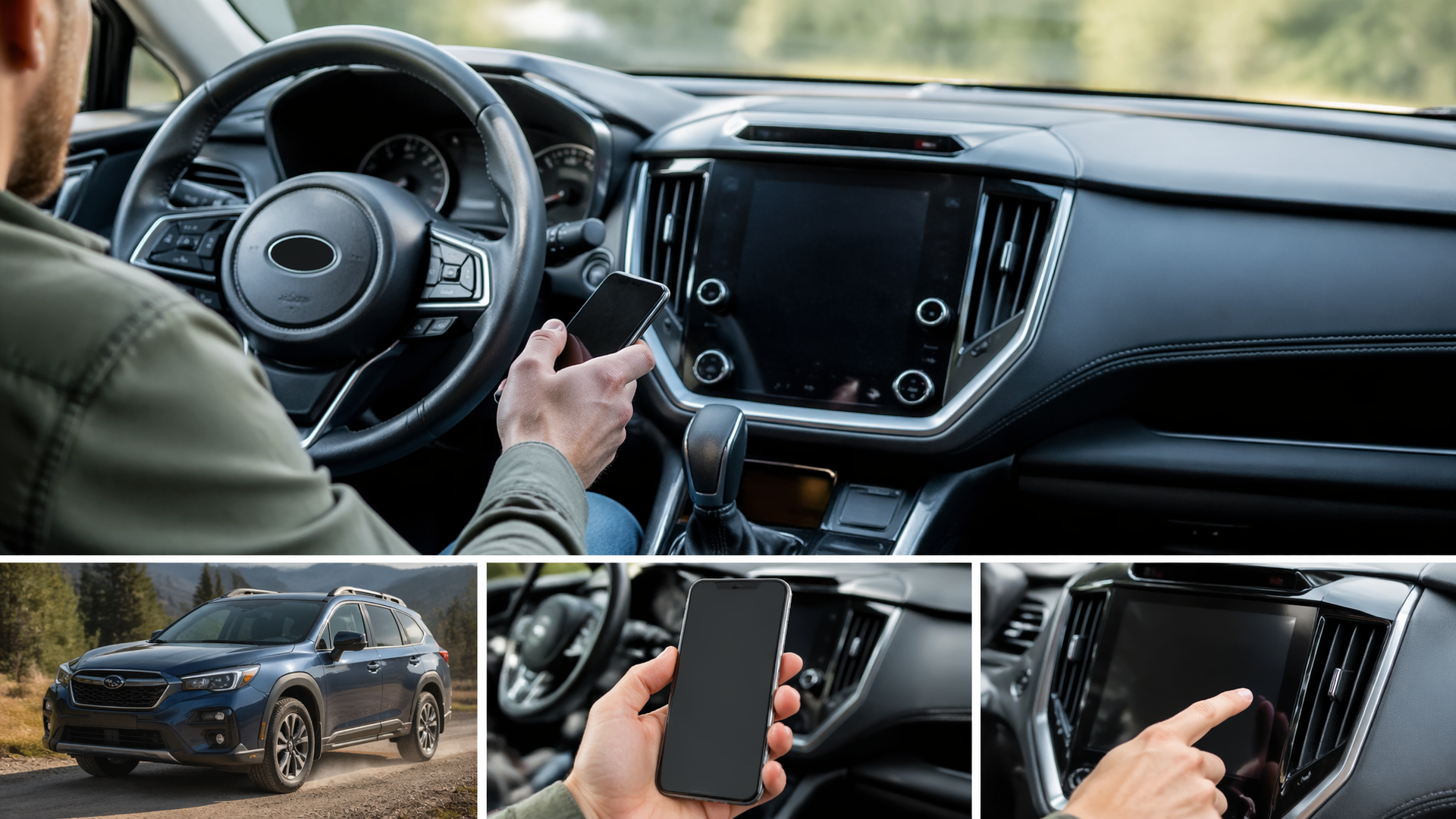 Dashboard and center console of a Subaru Outback showing Bluetooth pairing screen and a smartphone nearby