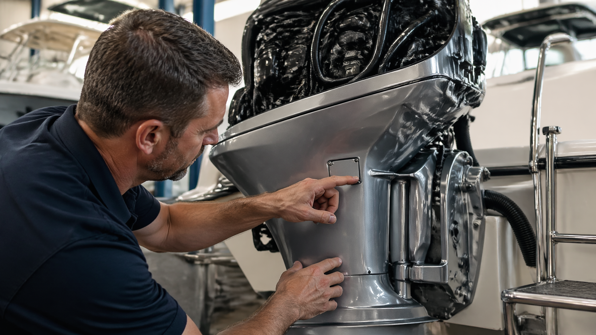 Close-up of a Honda outboard engine serial number plate mounted on the transom bracket