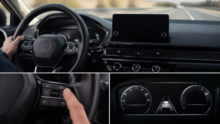 Driver adjusting steering wheel controls inside a Honda to disable lane departure warning