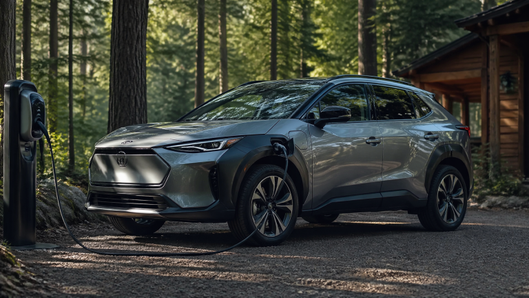 Front three-quarter view of a Subaru crossover on a road surrounded by trees, showing grille, headlights, and roofline