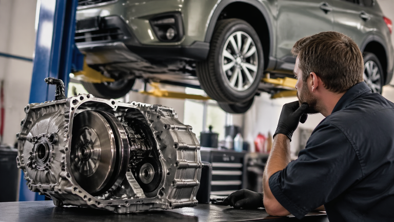 Front three-quarter view of a Subaru with focus on the engine bay and transmission area at a repair shop