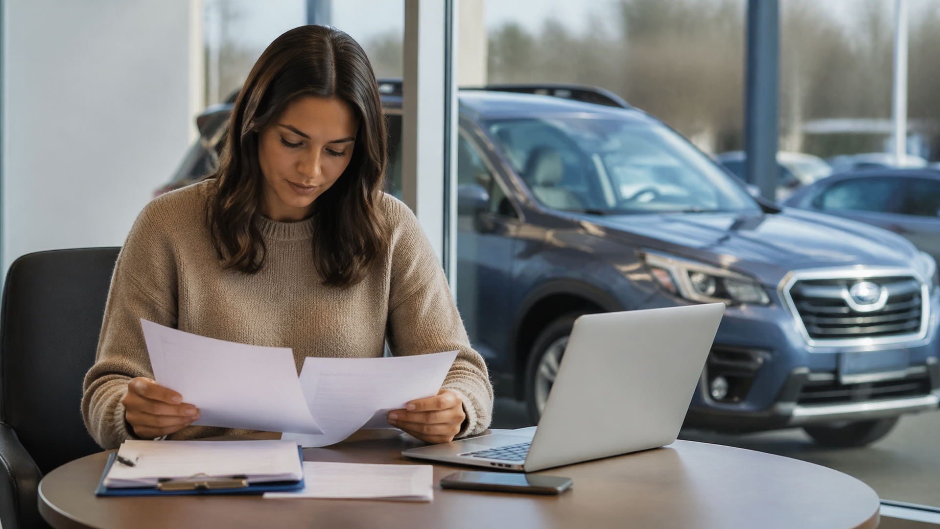 Hands holding a smartphone displaying Subaru customer support contact page with phone and email options