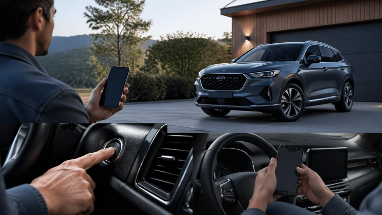 Person using smartphone to start a parked Ford vehicle with dashboard and app screen visible