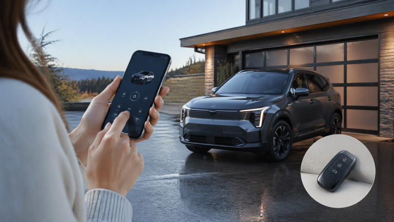 Person using a smartphone app to remotely start a parked Kia outside a house