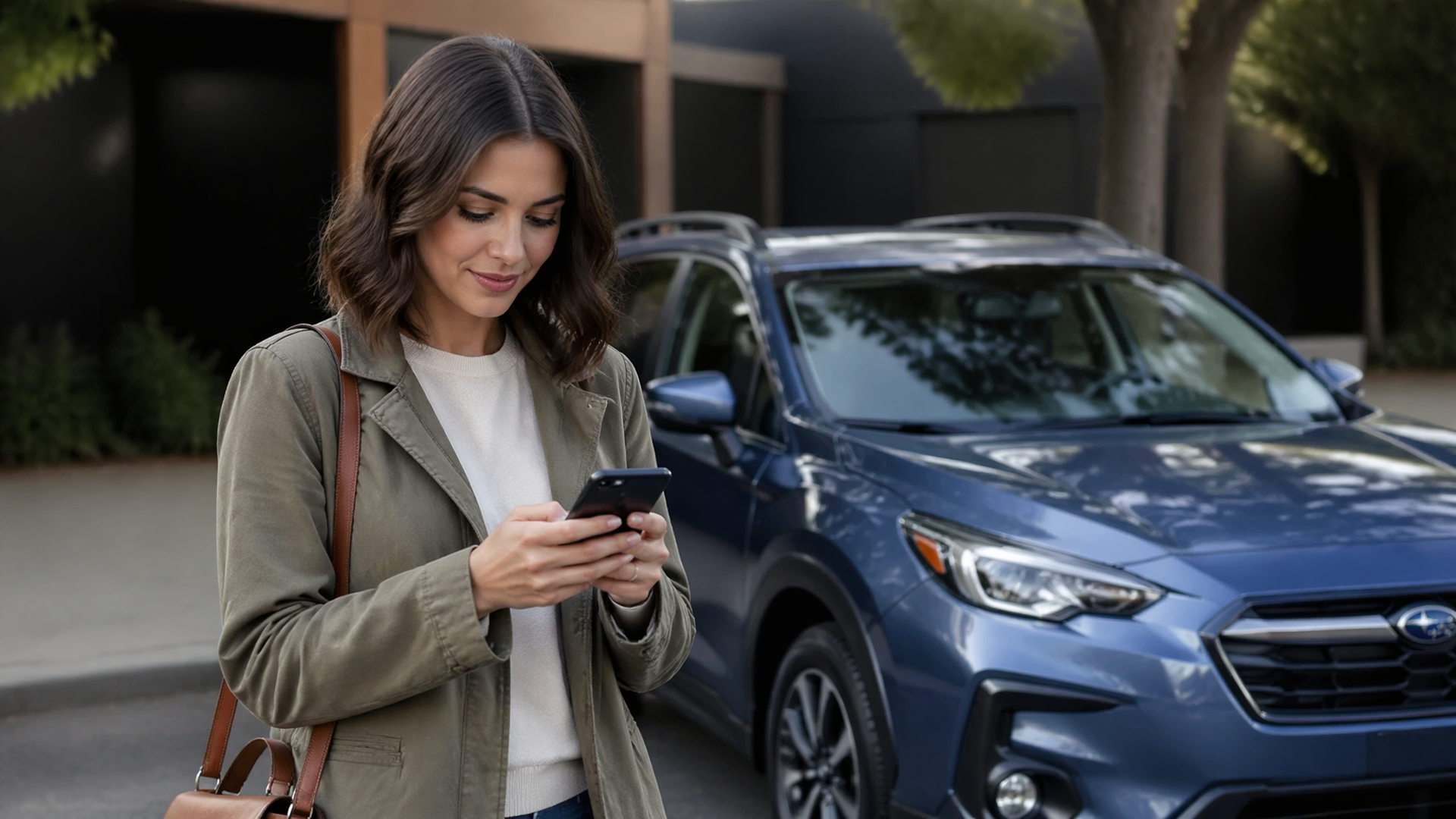 Hand holding smartphone displaying MySubaru app next to a Subaru parked in a driveway