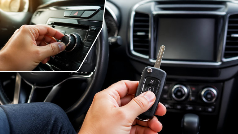 Ford car key fob resting on a dashboard near audio controls