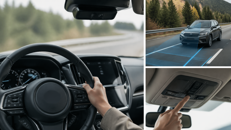 Driver using Subaru infotainment and steering wheel controls to access EyeSight settings