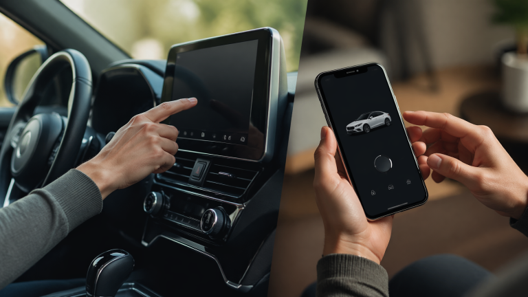 Car dashboard infotainment screen showing privacy and data sharing options with a smartphone nearby