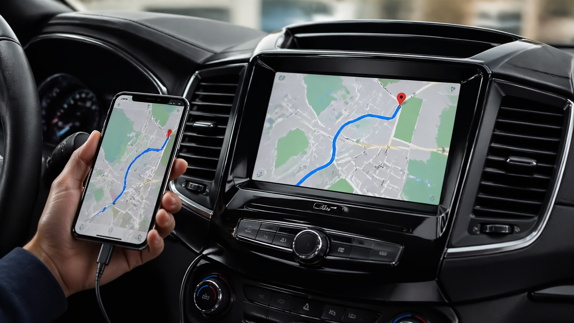 Ford Sync 3 dashboard showing Google Maps navigation on the touchscreen with connected smartphone icons