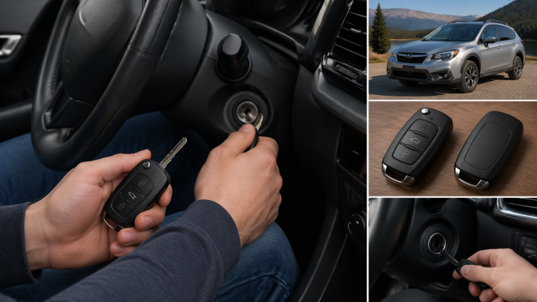 Person using a Subaru key fob near a car ignition with a manual key inserted