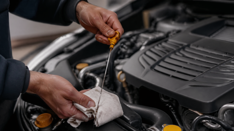 Hand pulling a bright yellow Subaru oil dipstick from an engine bay after the car has been turned off