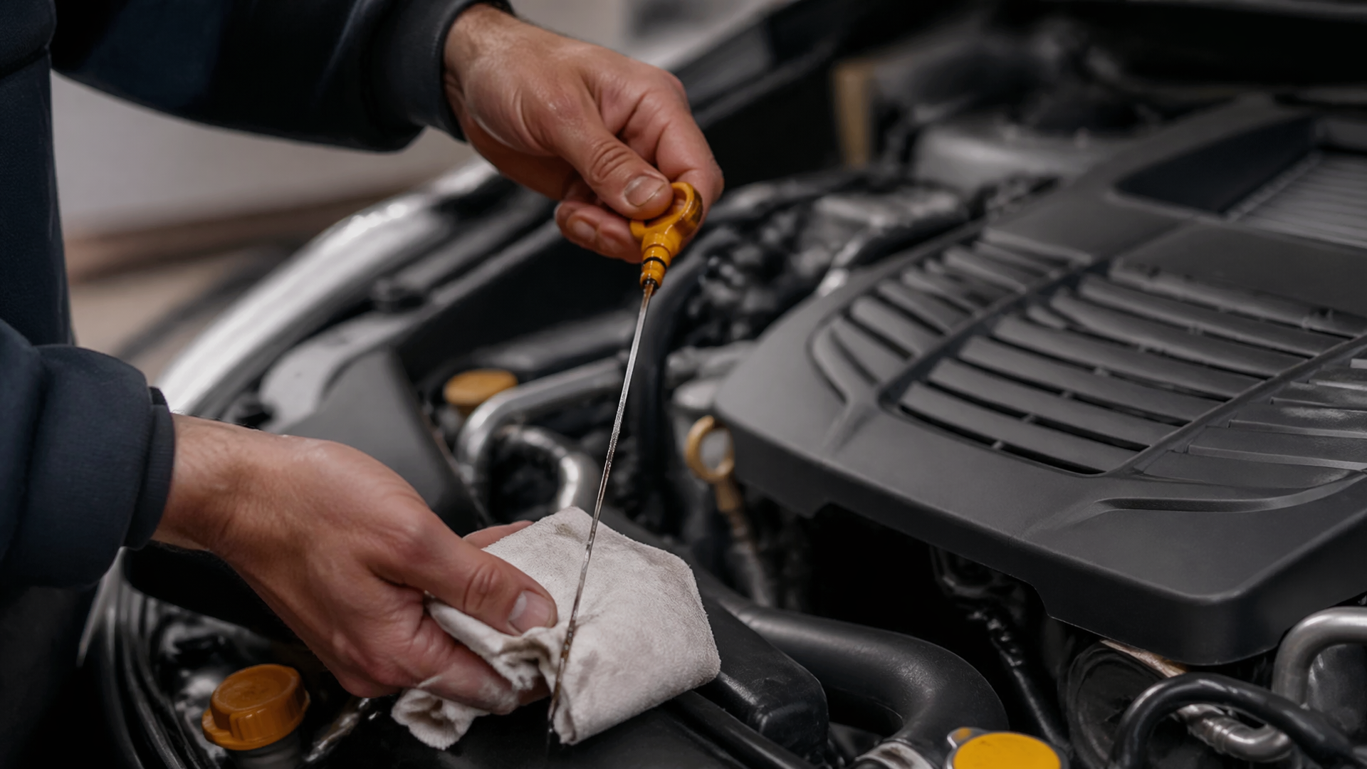 Hand pulling a bright yellow Subaru oil dipstick from an engine bay after the car has been turned off
