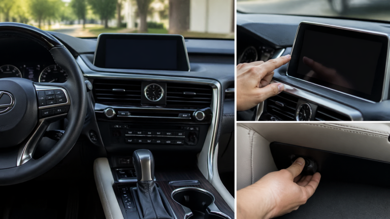 Hands on Lexus RX 350 steering wheel and center console with infotainment screen visible
