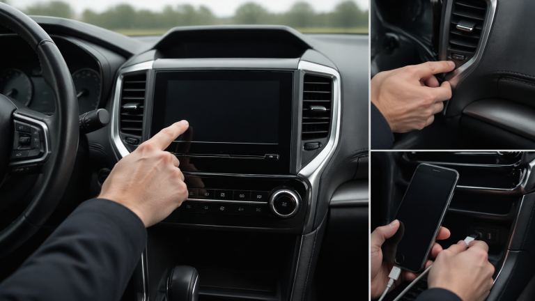 2019 Subaru Outback center console with infotainment screen showing system menus and a smartphone nearby