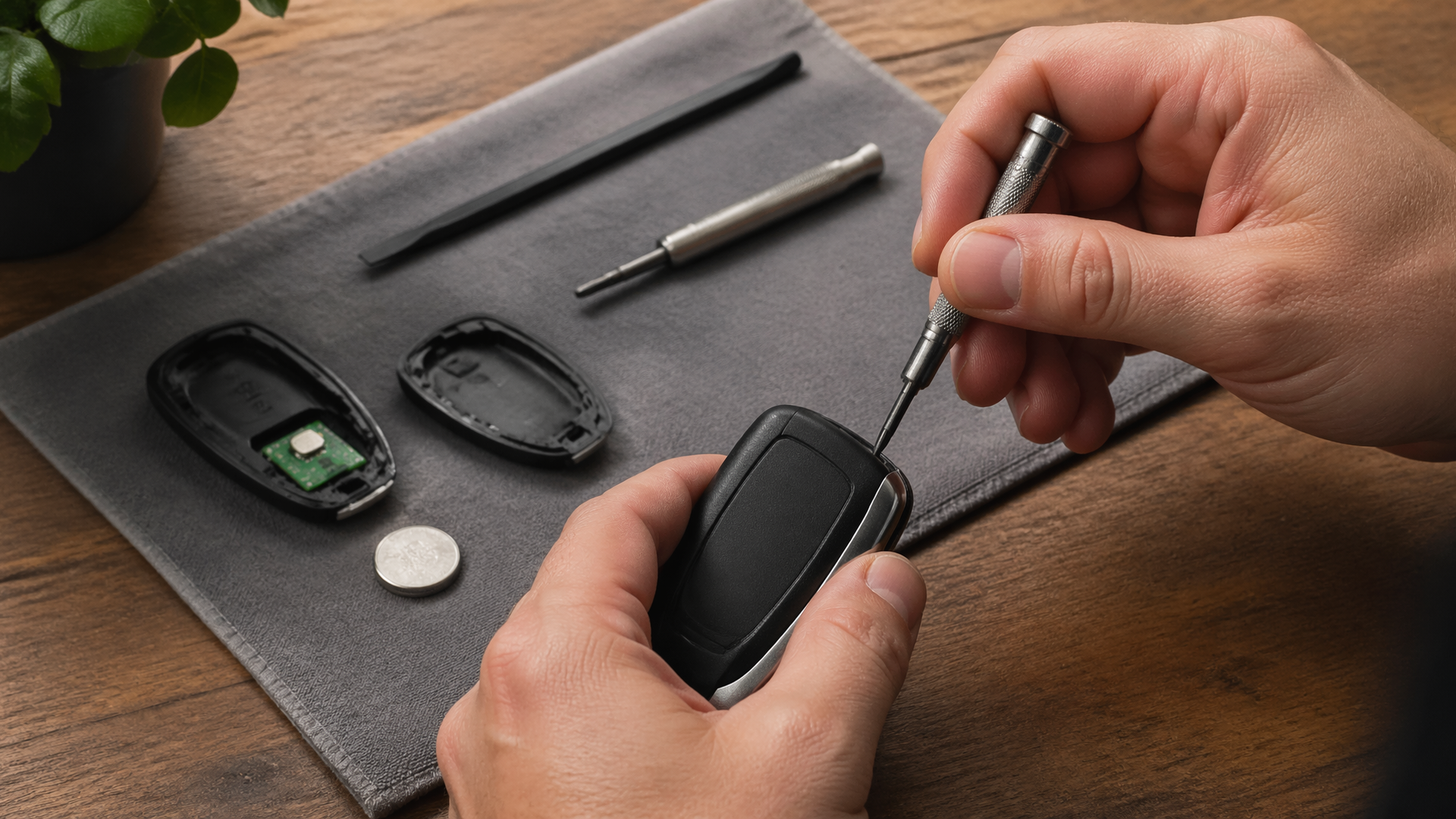 Hands prying open a Lexus key fob with a small screwdriver over a clean work surface