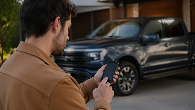 Smartphone showing FordPass app with location icon and vehicle on map screen