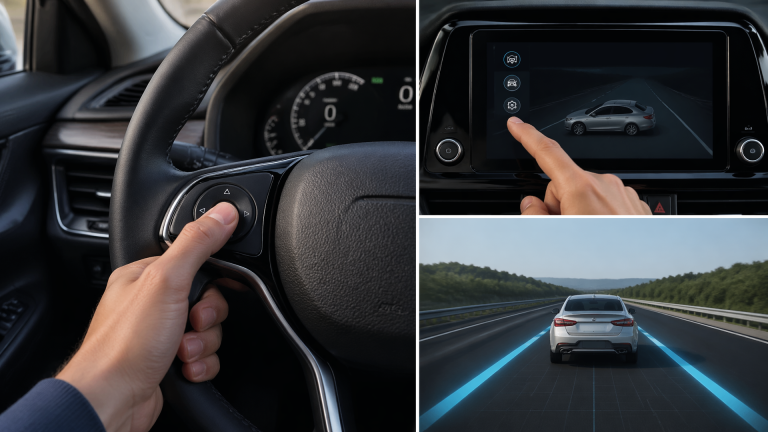 Car dashboard and infotainment screen showing driver-assist menu with lane departure alert option