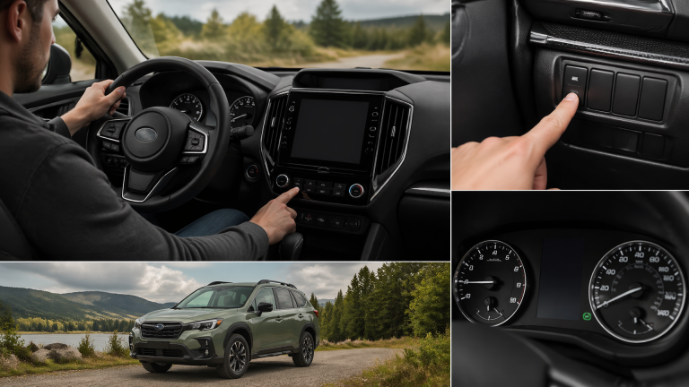 Dashboard close-up showing Subaru start/stop button and instrument cluster