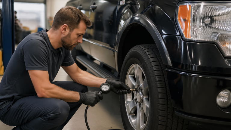 Dashboard gauge cluster showing a lit tire pressure warning symbol on a Ford vehicle