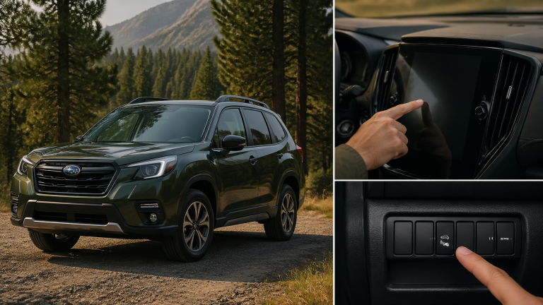 Driver interacting with a Subaru Forester dashboard and infotainment screen showing safety settings for reverse braking