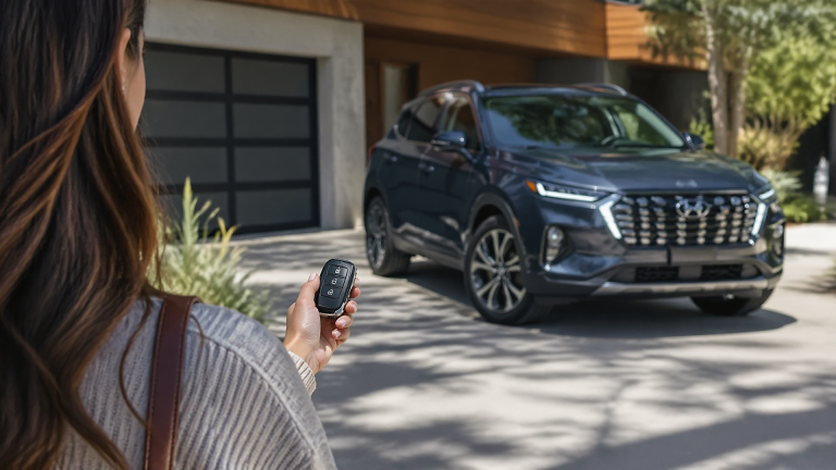 Hyundai key fob held near vehicle with dashboard climate controls visible inside