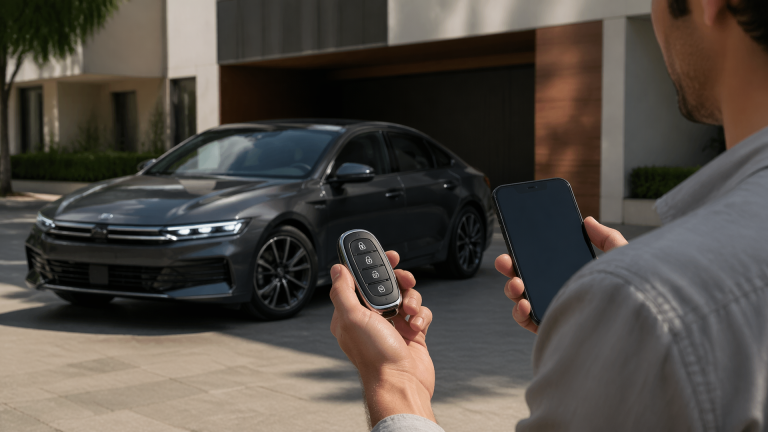 Hyundai key fob held near a car door with a blurred dashboard in the background