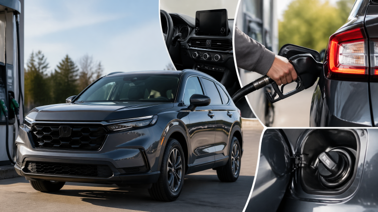 Honda CR-V parked at a gas station next to fuel pumps labeled regular and E15
