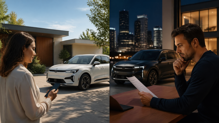 Dashboard and smartphone displaying Kia Connect app with vehicle status and map