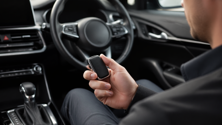 Kia key fob held near vehicle dashboard with warning light indicating no detection
