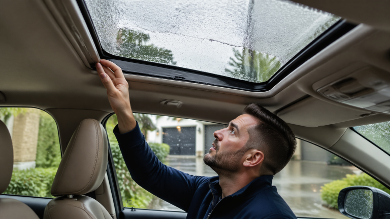 Interior roof edge and headliner showing water staining near sunroof area with a wet pillar trim
