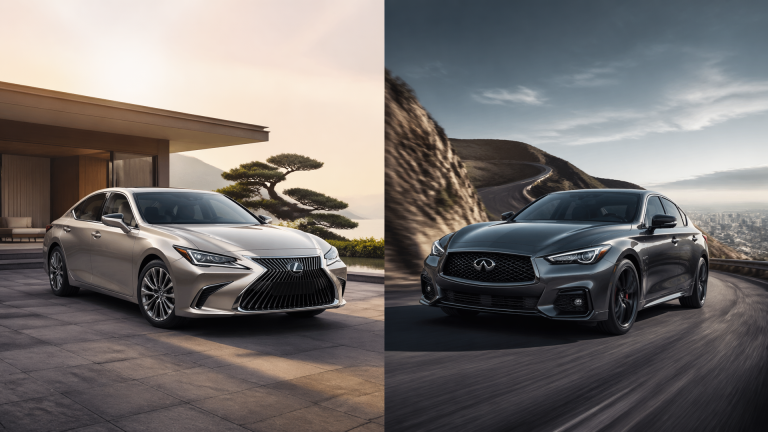 Front-facing view of two luxury sedans parked side by side on a tree-lined road, one representing Lexus and the other Infi...