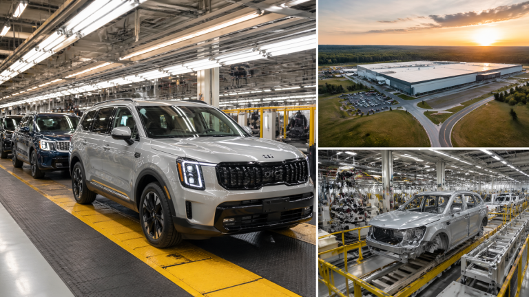 Row of Kia SUVs on assembly line at a Georgia manufacturing plant with workers and machinery in the background