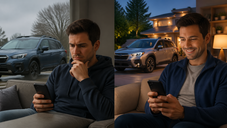 Smartphone showing the MySubaru app screen with subscription options and feature icons