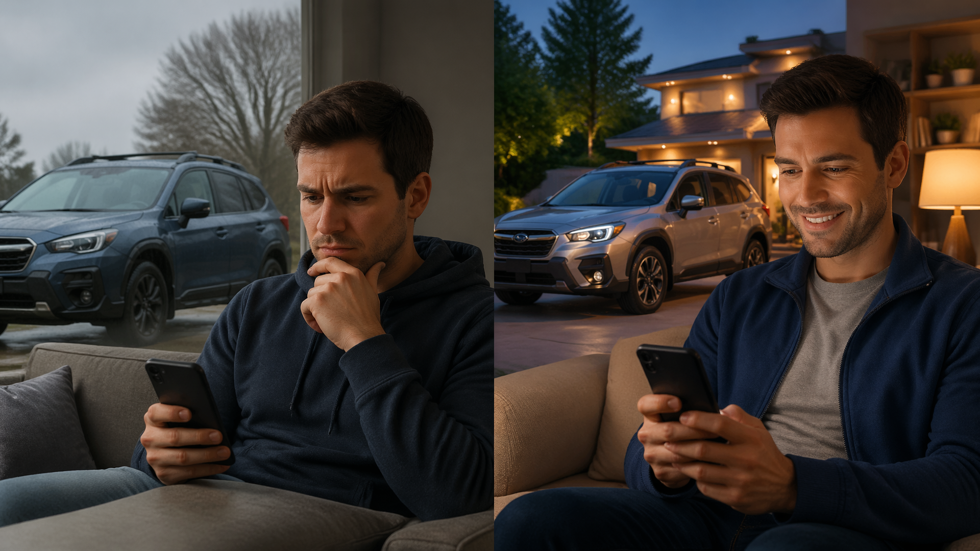 Smartphone showing the MySubaru app screen with subscription options and feature icons