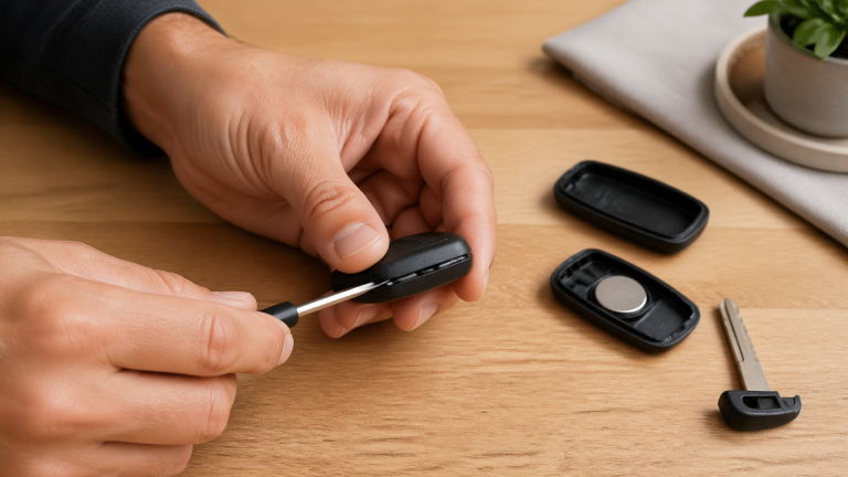 Hands prying open a Subaru key fob with a small flathead screwdriver to expose the battery compartment