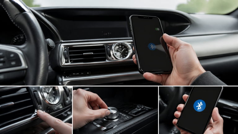Hands holding an iPhone next to a Lexus dashboard showing a Bluetooth pairing screen