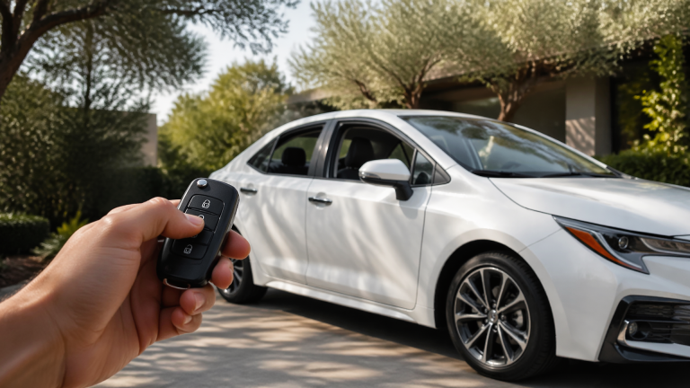Toyota key fob held near car with windows lowering