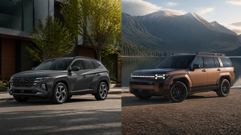 Front three-quarter view of a Hyundai Tucson parked next to a Hyundai Santa Fe on a suburban street