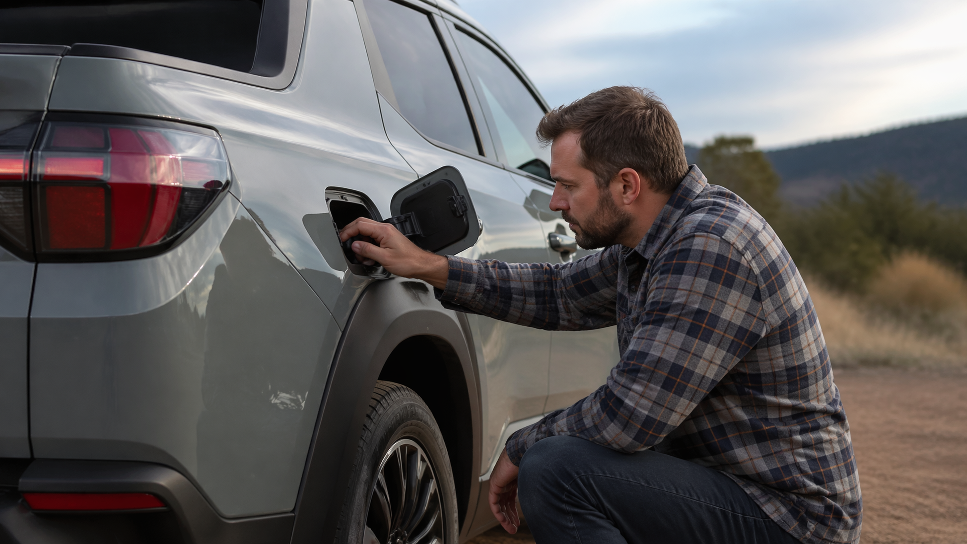 Close-up of a Hyundai gas tank door and trunk area with a mechanic inspecting the release mechanism