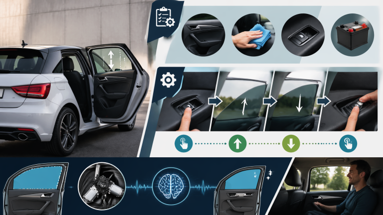 Close-up of an Audi car door interior showing the window switch panel and partially lowered window during a reset procedure