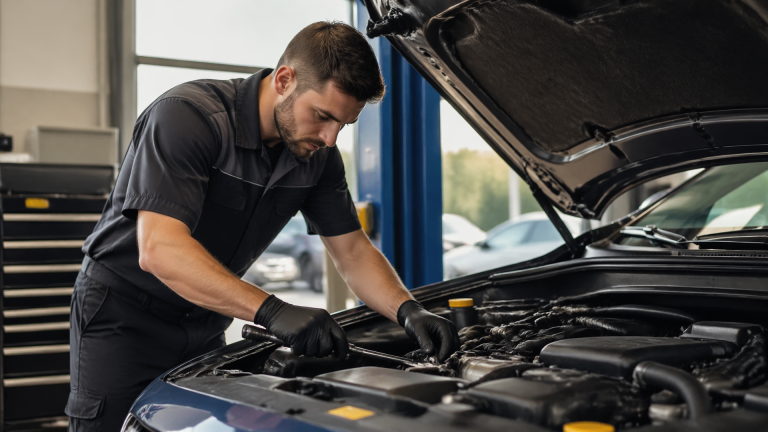 Technician inspecting a Subaru engine bay with tools on a lift during a 60,000-mile service